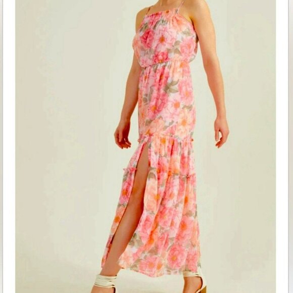 Altar’d State Tiered Maxi Floral Pink Dress Size Large NWT Coquette Slit Flowy - Picture 9 of 16